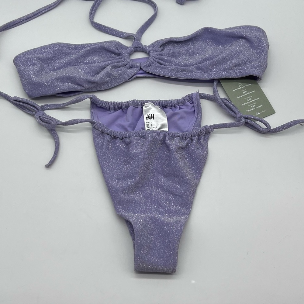 H&M Divided Lavender w/Metallic Shimmer Halter Neck/Drawstring Bikini Size XL/L